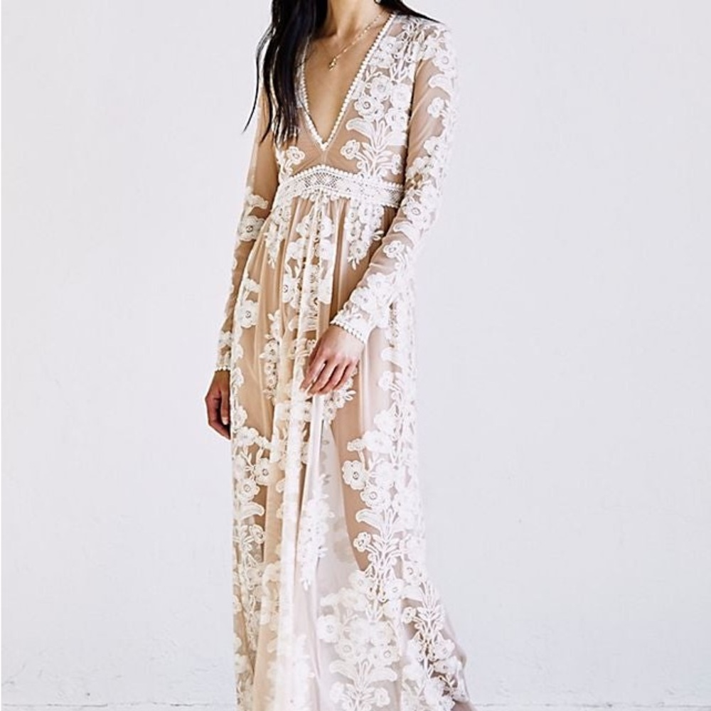 For Love And Lemons Temecula Floral Lace Dress in Cream and Tan